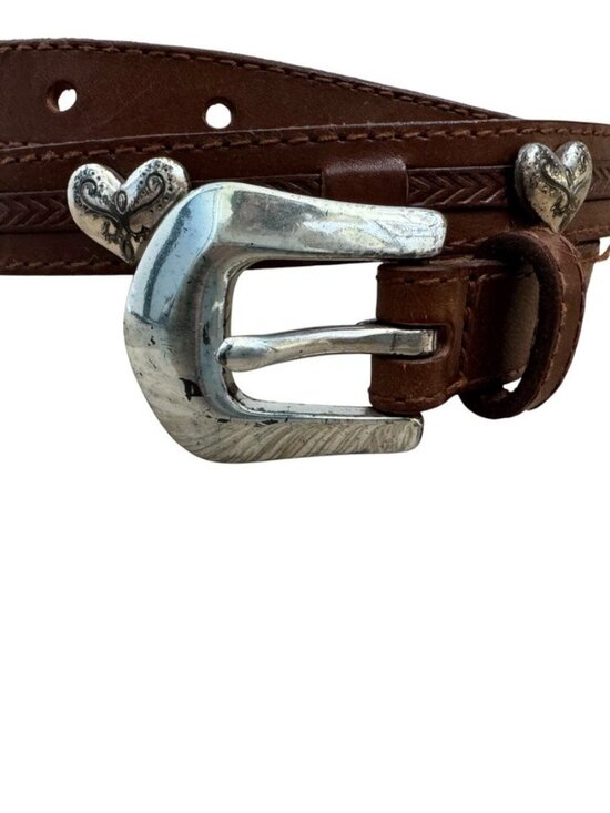 Vintage 1990s Fossil Brown Leather Silver Heart Studded Skinny Waist Belt Sz S main image 4
